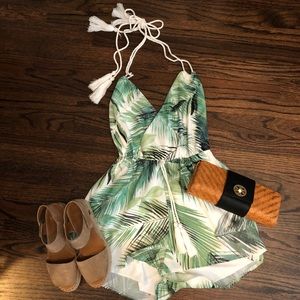 Palm leaf tropical floral white romper
